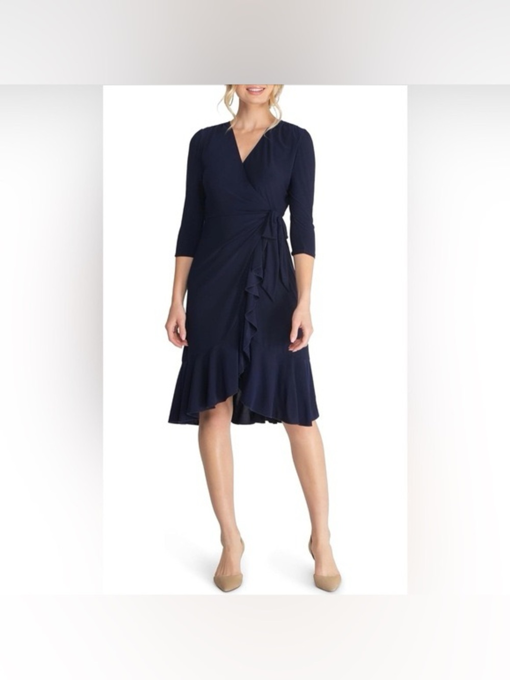 NWT Kiyonna Whimsy Ruffled Wrap Dress Navy Blue 0X Plus Size Midi Wedding Guest